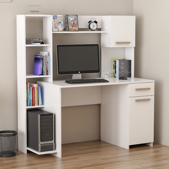 Bureau merry compacte avec bibliothèque intégrée - blanc, noyer en bois,  144 x 60 x 151 cm HOMEMANIA