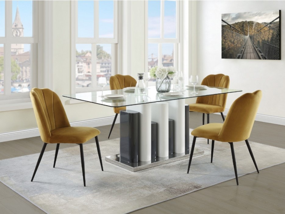 Table à manger belem 6 couverts verre trempé et acier blanc et