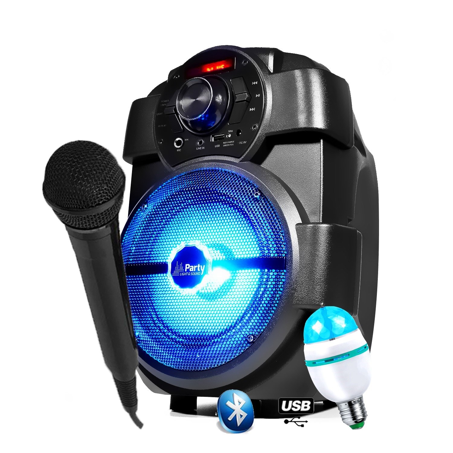 Enceinte party karaoke enfant 180w portable micro batterie - usb/bluetooth/  radio fm + ampoule led - cadeau