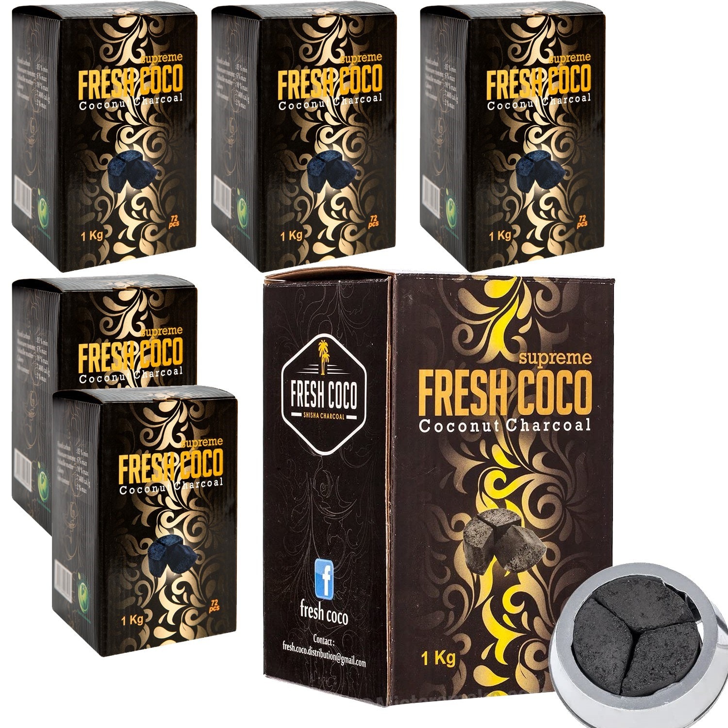 Charbon Chicha Volcano Coco Trio 1 Kg - Charbon Naturel Noix De Coco, 72 Parts, Faible Cendre, Puissance Calorifique élevée