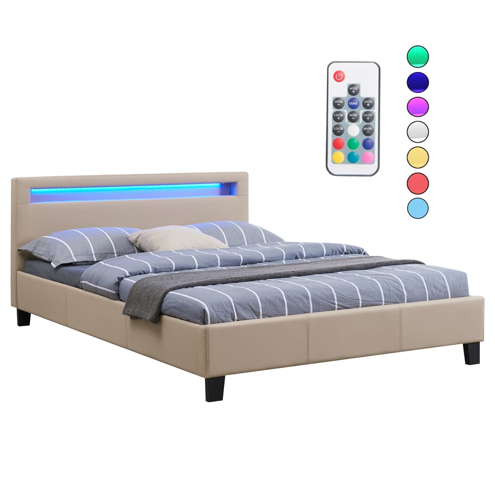 Lit double pour adulte PINOT avec sommier 140x190 cm 2 places 2 personnes,  tête de lit avec LED intégrées, en synthétique blanc IDIMEX Pas Cher 