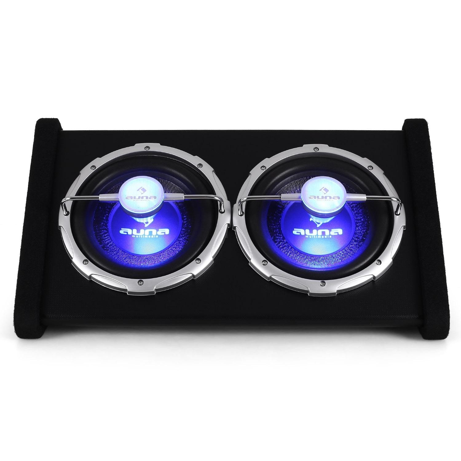 auna Double Caisson de Basses - Subwoofer Voiture 2x 25cm 10' - Bobine 5cm  - 2 x 600W Max - LED Bleu