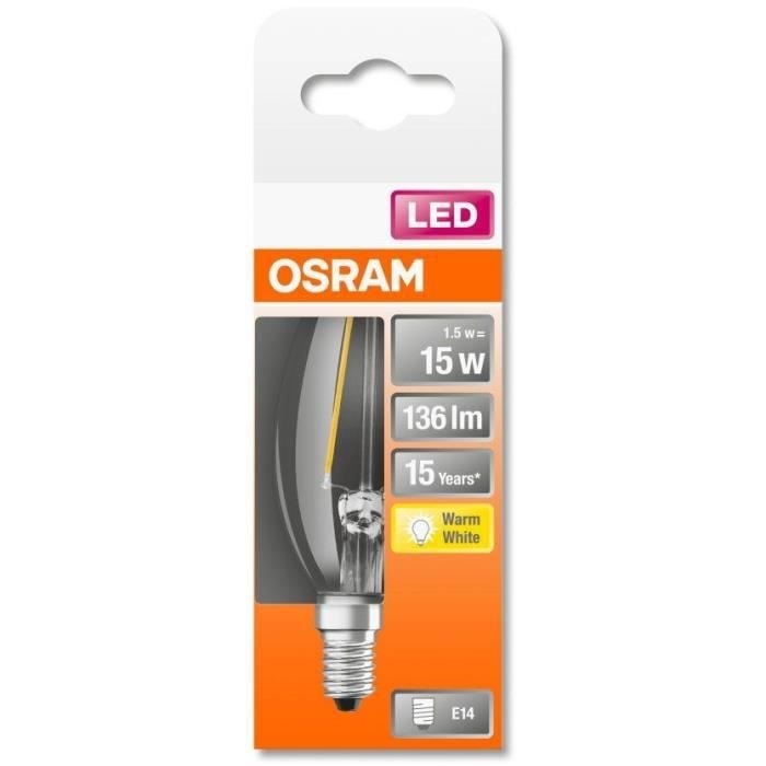 Osram ampoule led flamme clair filament - 1,5w équivalent 15w e14 - blanc  chaud OSRAM Pas Cher 