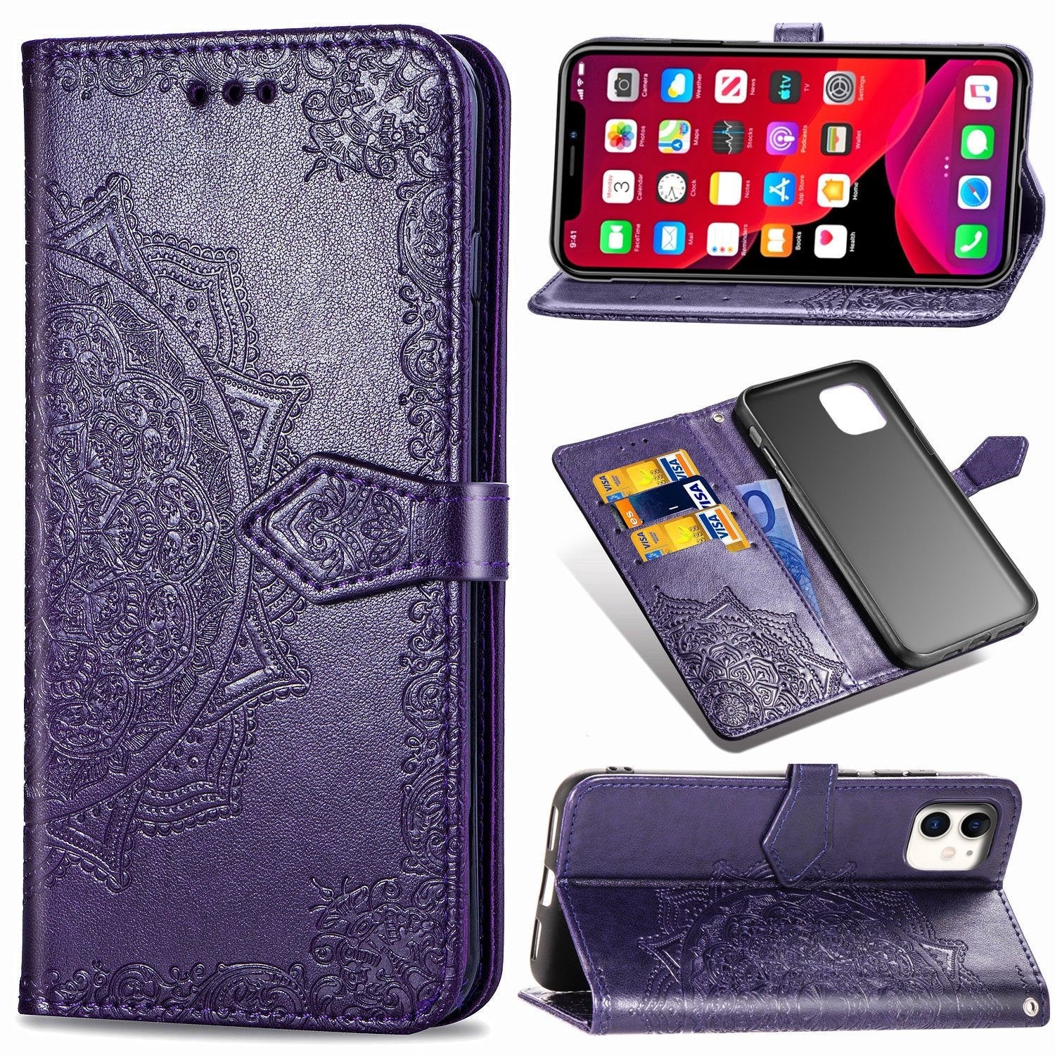 Coque Portefeuille Pour IPhone 11 - Flip Cover En Simili Cuir Avec Support, Fentes Cartes - Noir
