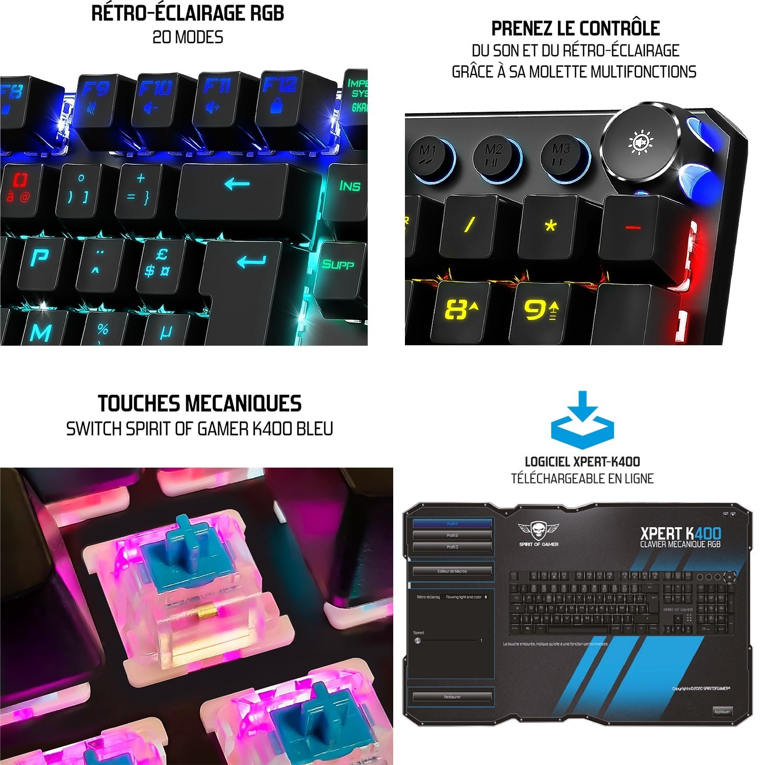 Clavier mécanique gamer XPERT-K400 Switch bleu rétro-éclairage RGB 20 modes  - Chassis métal + Logiciel