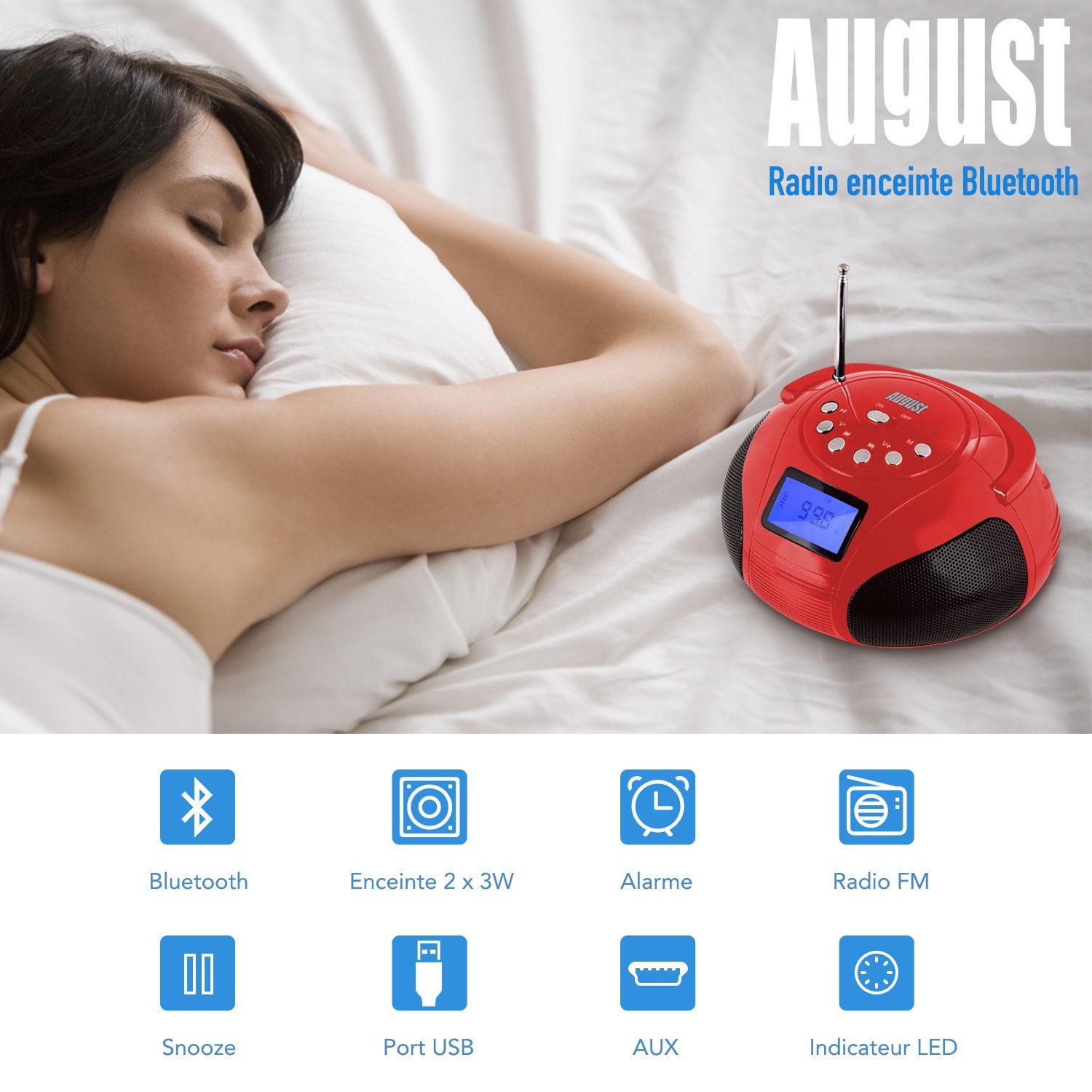 Poste radio fm + enceinte bluetooth mp3 – august se20 – bluetooth, usb,  carte sd, prise auxiliaire, radio fm et réveil - rouge AUGUST