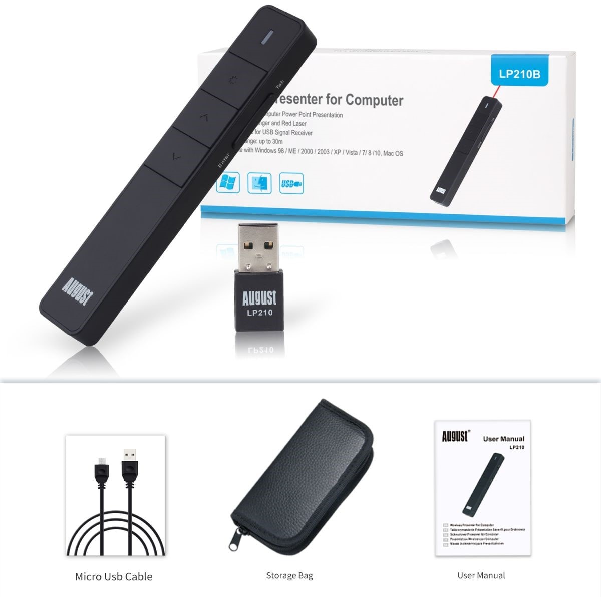 August LP210 Télécommande de présentation USB avec Pointeur laser et  Batterie rechargeable - Noir