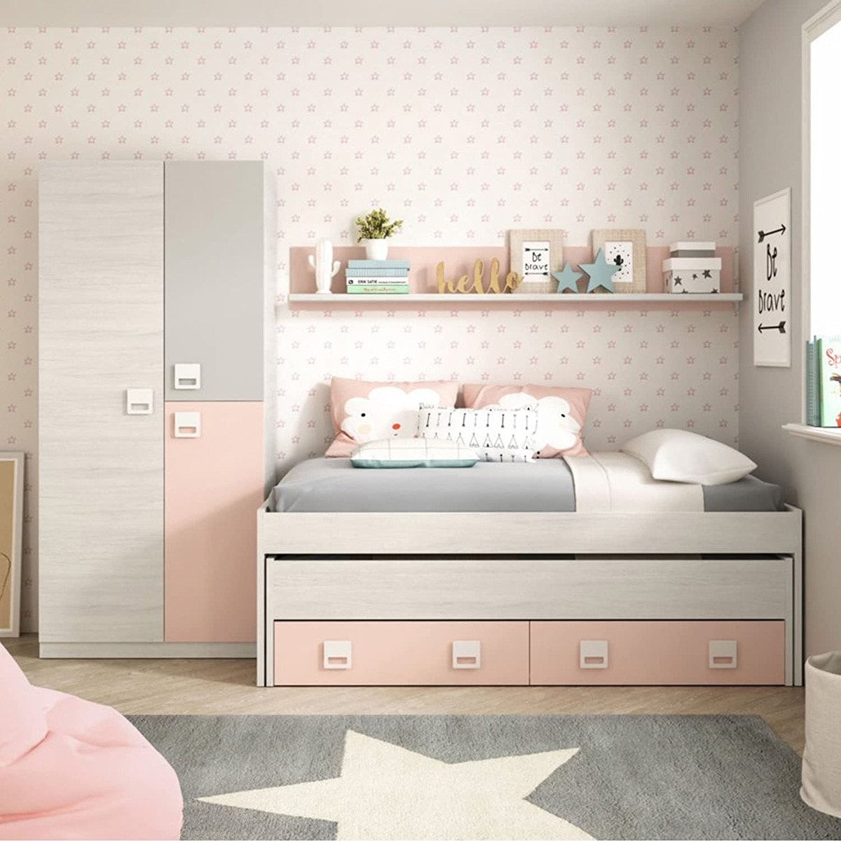 Armoire pour chambre d'enfant Apali L120cm Blanc Motif Poussette et  Pique-nique Rose