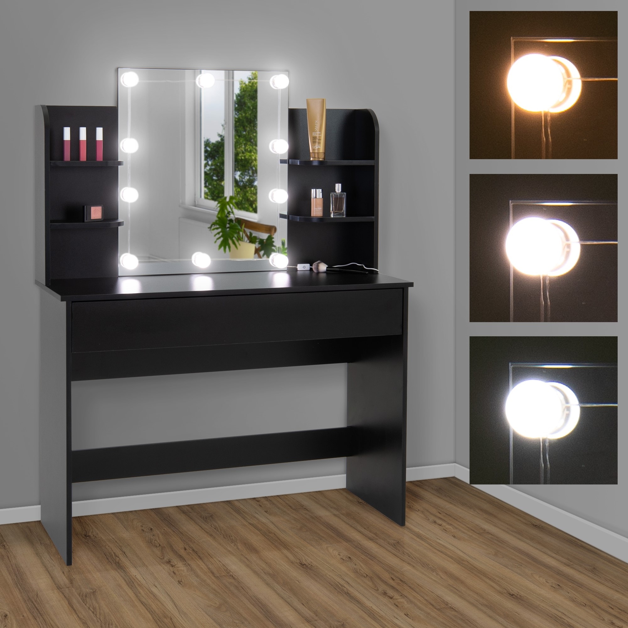 Table de coiffeuse maquillage sonoma avec miroir éclairage LED tiroirs  étagères