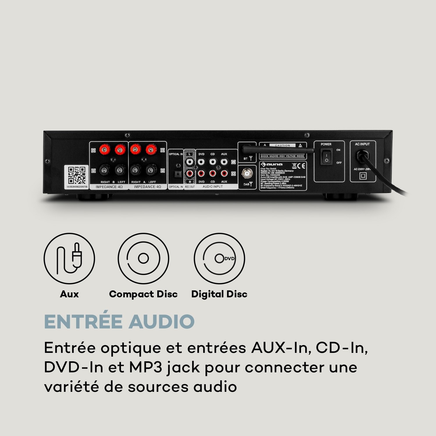 AMP-CD608 DAB amplificateur HiFi stéréo 4x100W RMS DAB+ BT entrée Optique  télécommande Noir