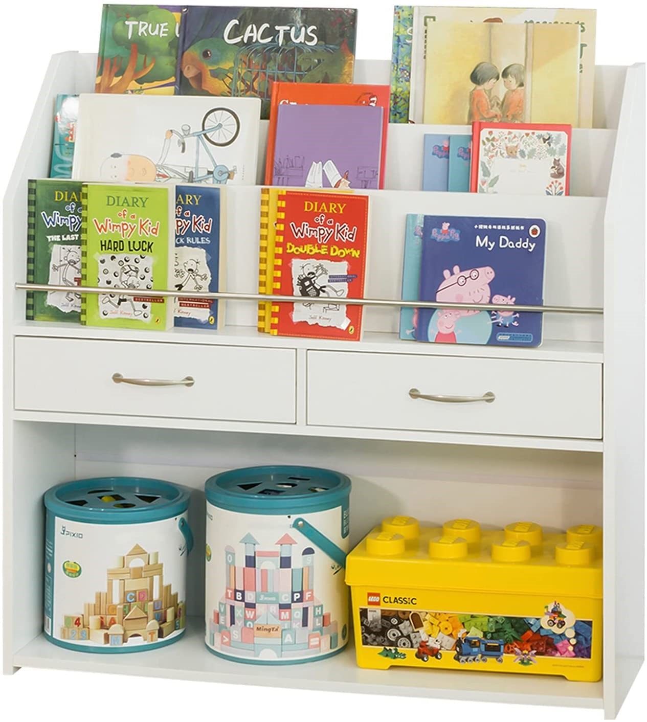 SoBuy Bibliothèque Enfant - Meuble Rangement 92x40x93cm | 5 Compartiments + 3 Paniers | Pour Livres, Jouets, Vêtements | En MDF Et Tissu | Capacité 75kg