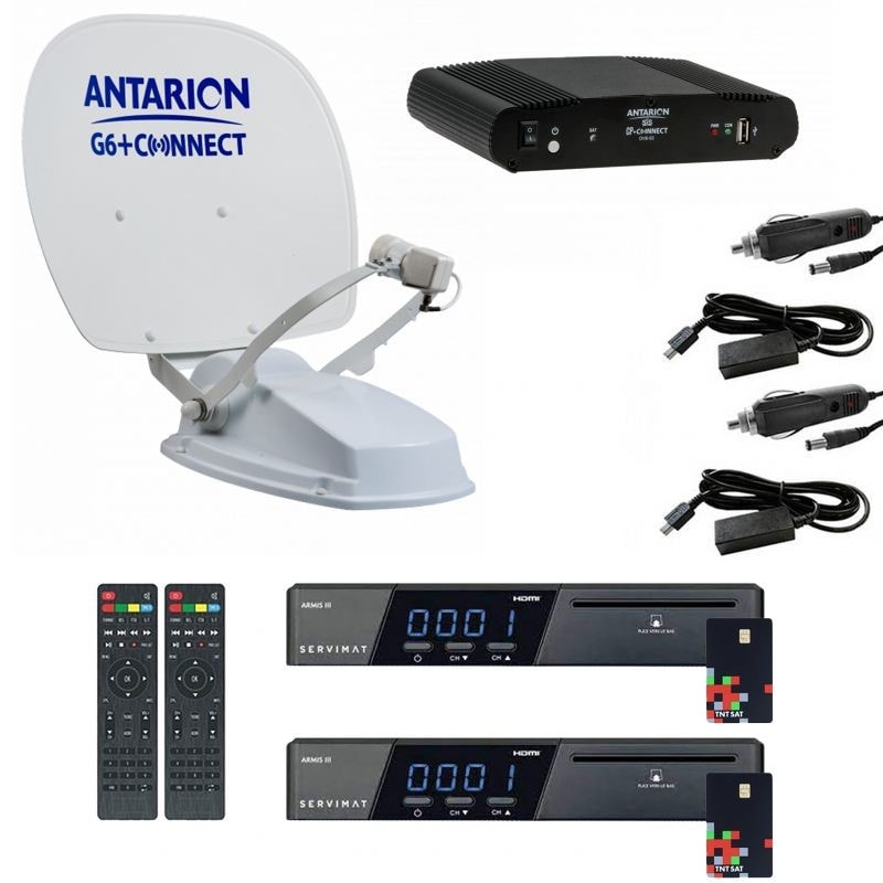 Pack parabole satellite automatique twin 60cm camping car + 2x récepteur tntsat hd ANTARION Pas