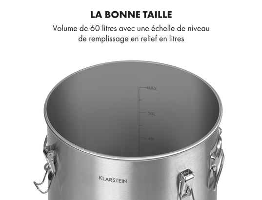 KLARSTEIN Gärkeller Pro XL - cuve de fermentation cuve de moût, fermentation  conique, capacité 60 l, thermomètre, vanne de vidange de levure, couvercle  hermétique avec clips - argent : : Cuisine et Maison