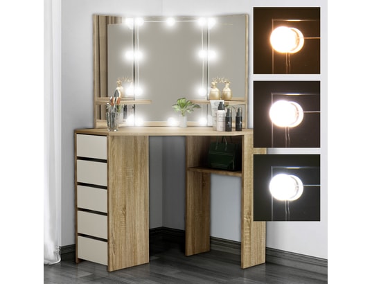 Table de coiffeuse maquillage sonoma avec miroir éclairage led tiroirs  étagères ML DESIGN 490001130 Pas Cher 