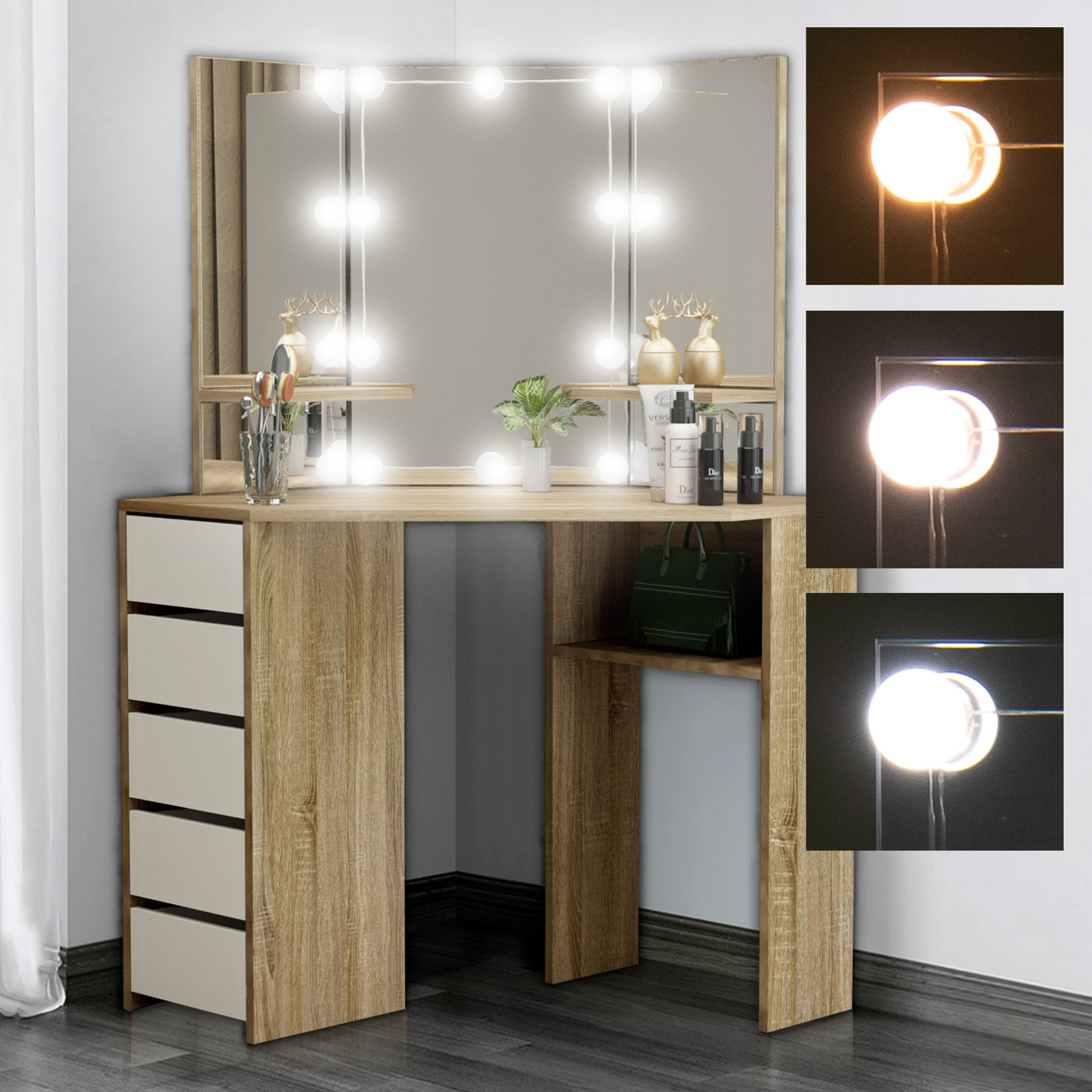 ML DESIGN - Table de coiffeuse maquillage sonoma avec miroir éclairage led  tiroirs étagères 490001130