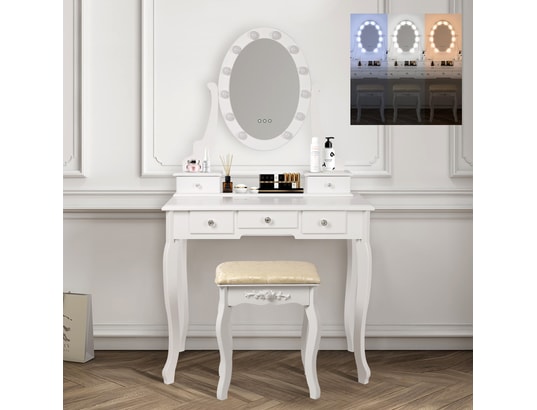 Table de coiffeuse maquillage blanc avec miroir éclairage led tiroirs  étagères ML DESIGN 490001131 Pas Cher 