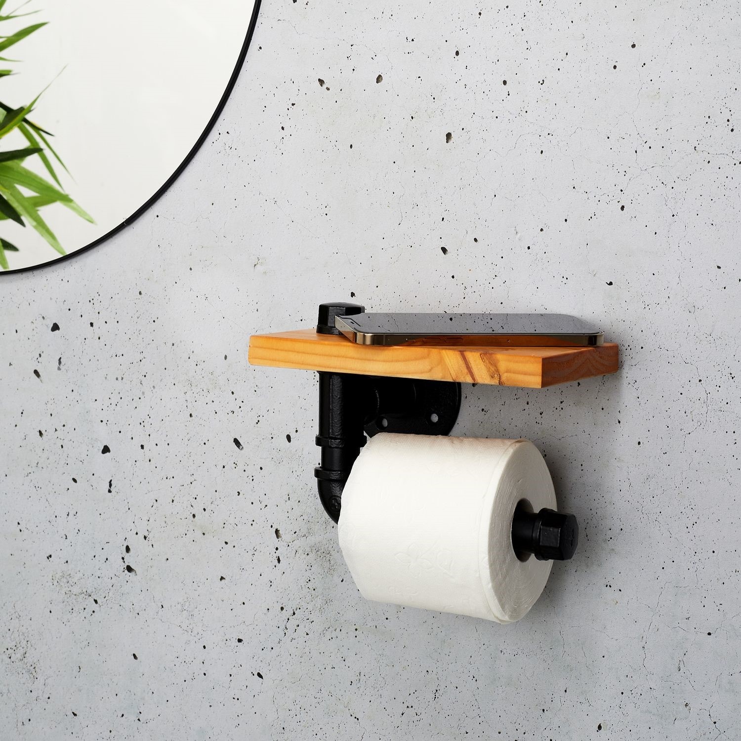 Dérouleur papier wc en bois de pin et métal - marron et noir