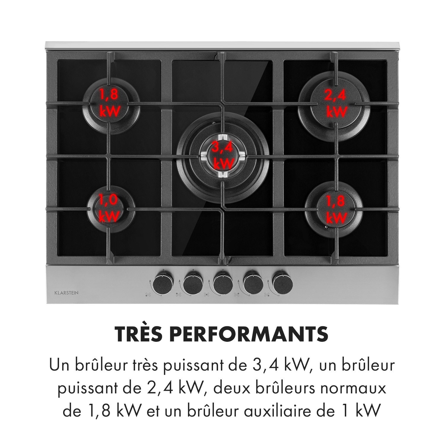 Plaque De Cuisson Gaz Klarstein Velaire 5 Feux - 10400W, Verre, Allumage électrique, Compatible GPL & Naturel