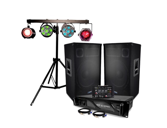 Pack SONO DJ complet Audio Club CLUB1512 - 2200W, HP + Caisson 38cm,  Supports - USB/BLUETOOTH, PORTIQUE LUMIÈRES IBIZA DJLIGHT60