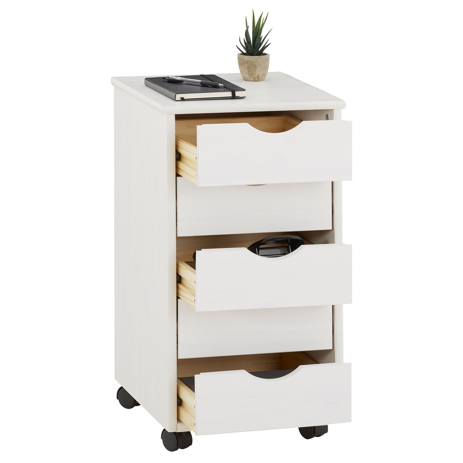 Caisson de bureau lagos meuble de rangement sur roulettes avec 5 tiroirs,  en pin massif lasuré blanc IDIMEX