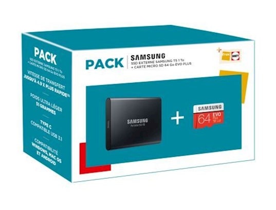 Pack disque dur ssd externe samsung t5 1 to + carte micro sd 64 go evo