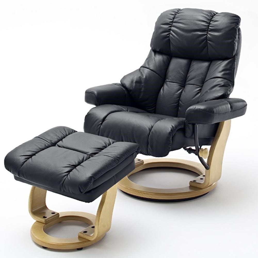 Fauteuil Relax Clairac Xl Assise En Cuir Noir Pied En Bois Naturel Avec ...