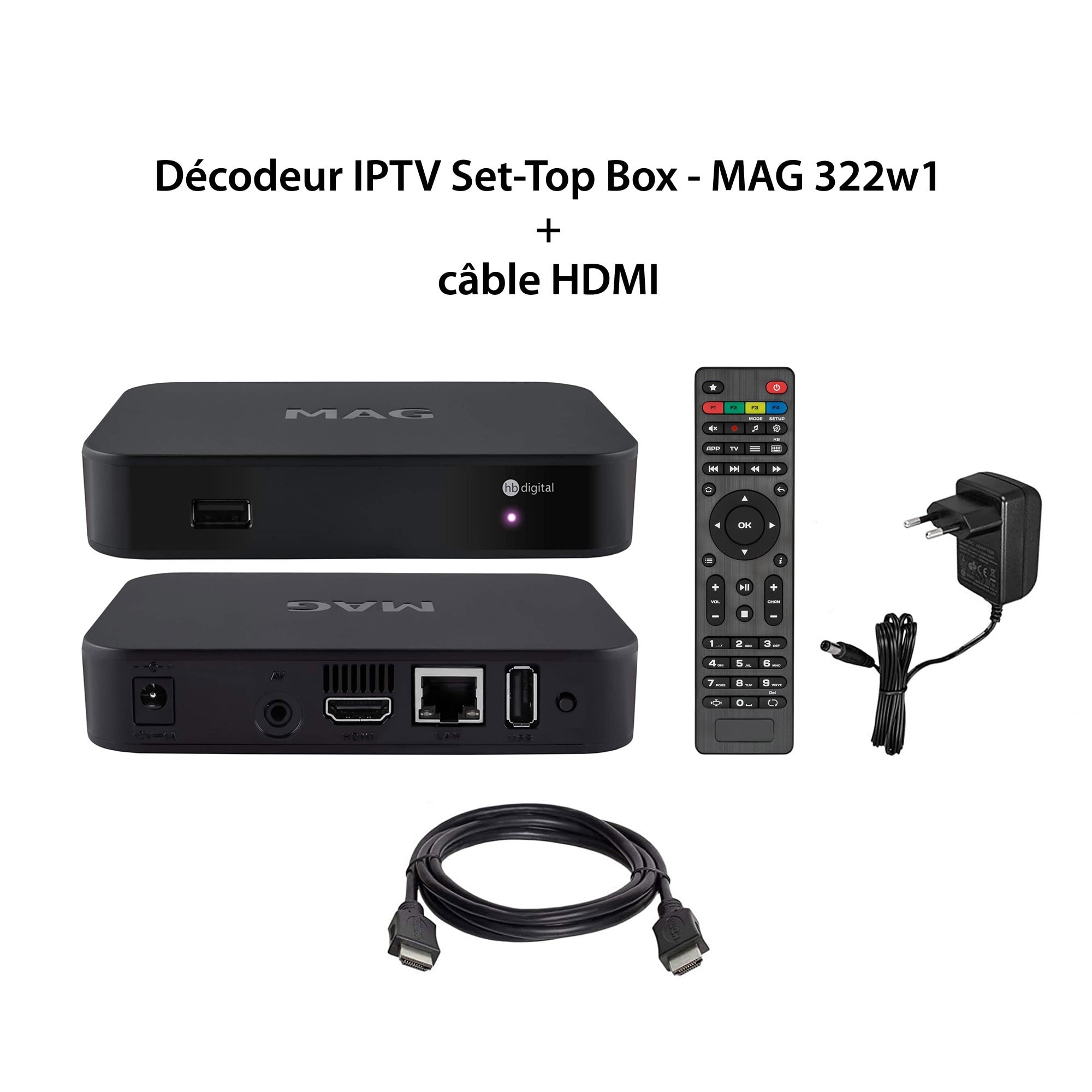 Décodeur iptv multimédia - mag 322w1 - set top box tv, h.265, wlan wifi  intégré 150mbps, lecteur multimédia internet tv, récepteur ip hevc h.256,  remplace mag 254w1 + câble hdmi INFOMIR 3701473604005