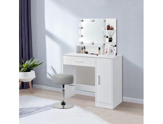 Table de maquillage avec miroir et led coiffeuse moderne + tabouret gris  clair ML DESIGN