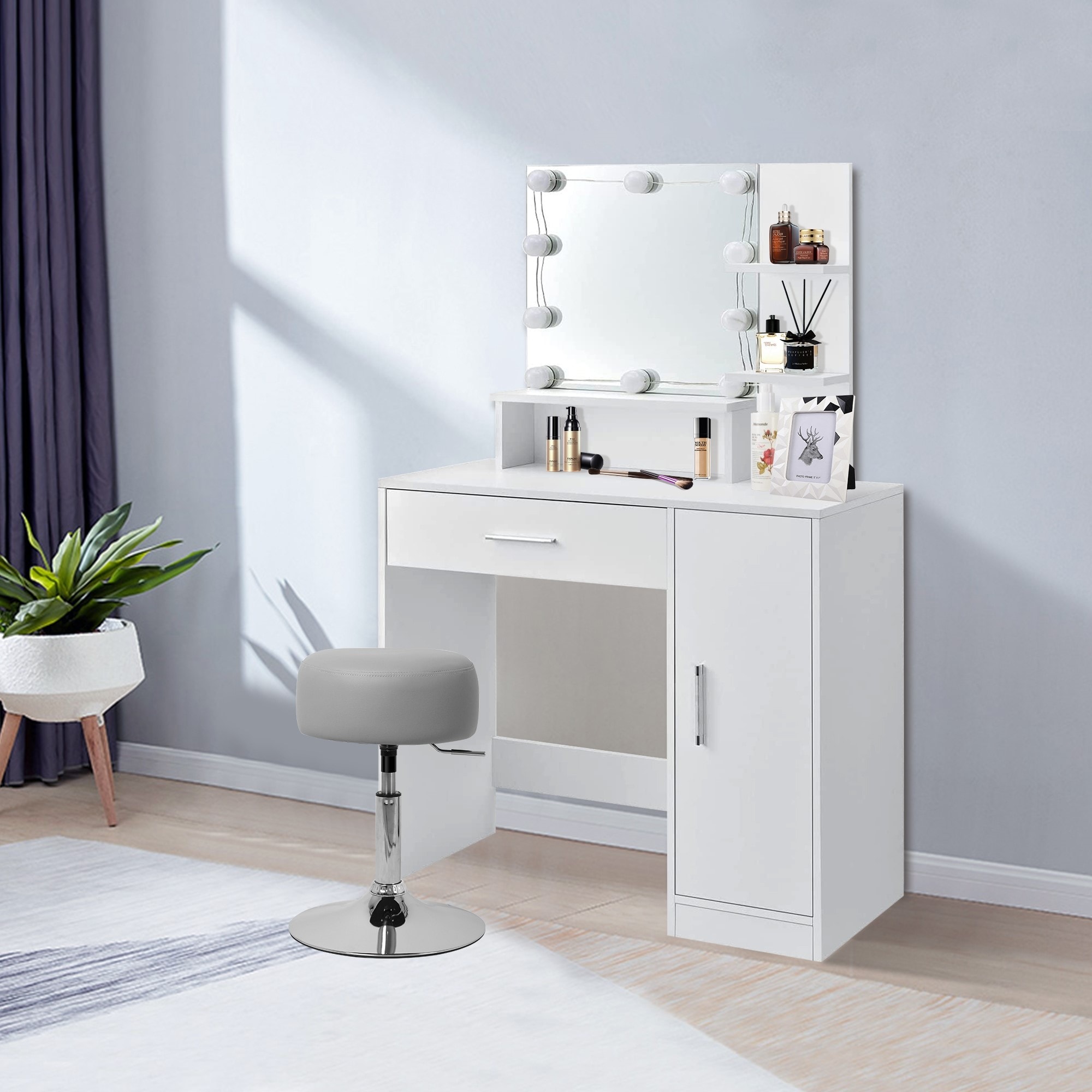 ML DESIGN - Table de maquillage d'angle coiffeuse avec miroir et led +  tabouret gris clair