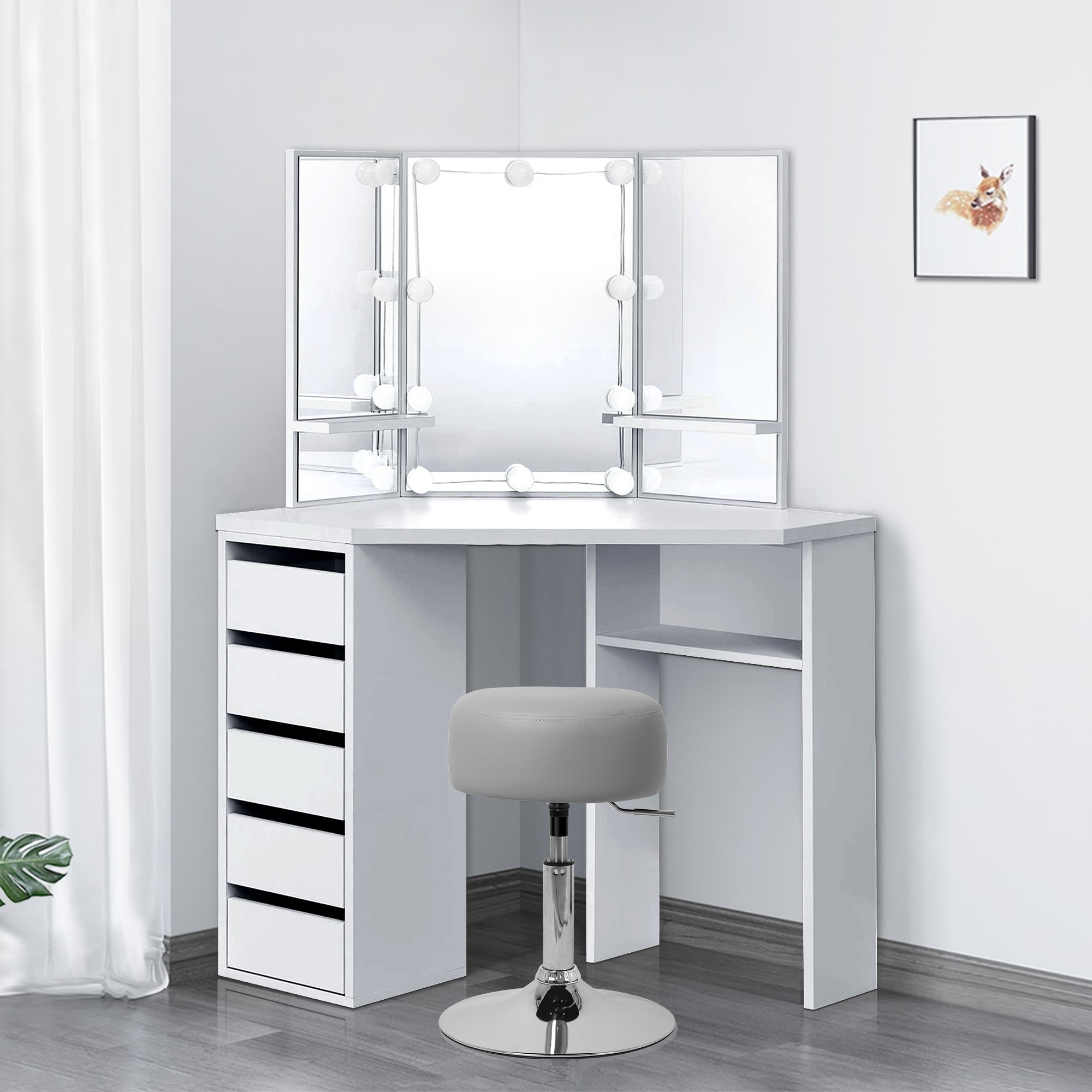 ML DESIGN - Table de maquillage d'angle coiffeuse avec miroir et led +  tabouret gris clair