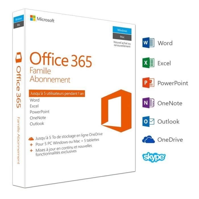 Microsoft office 365 famille  5 pc windows ou mac + 5 tablettes