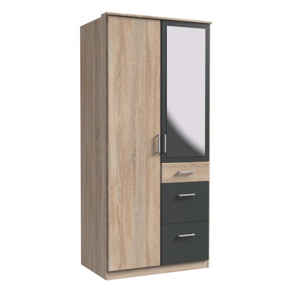 Armoire laval décor chêne et graphite 1 porte miroir 1 porte 3 tiroirs