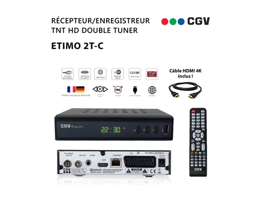 Récepteur enregistreur décodeur tnt hd double tuner cgv etimo 2t-c + câble  hdmi 4k - chaînes de la tnt française & allemande, timeshift CGV Pas Cher 
