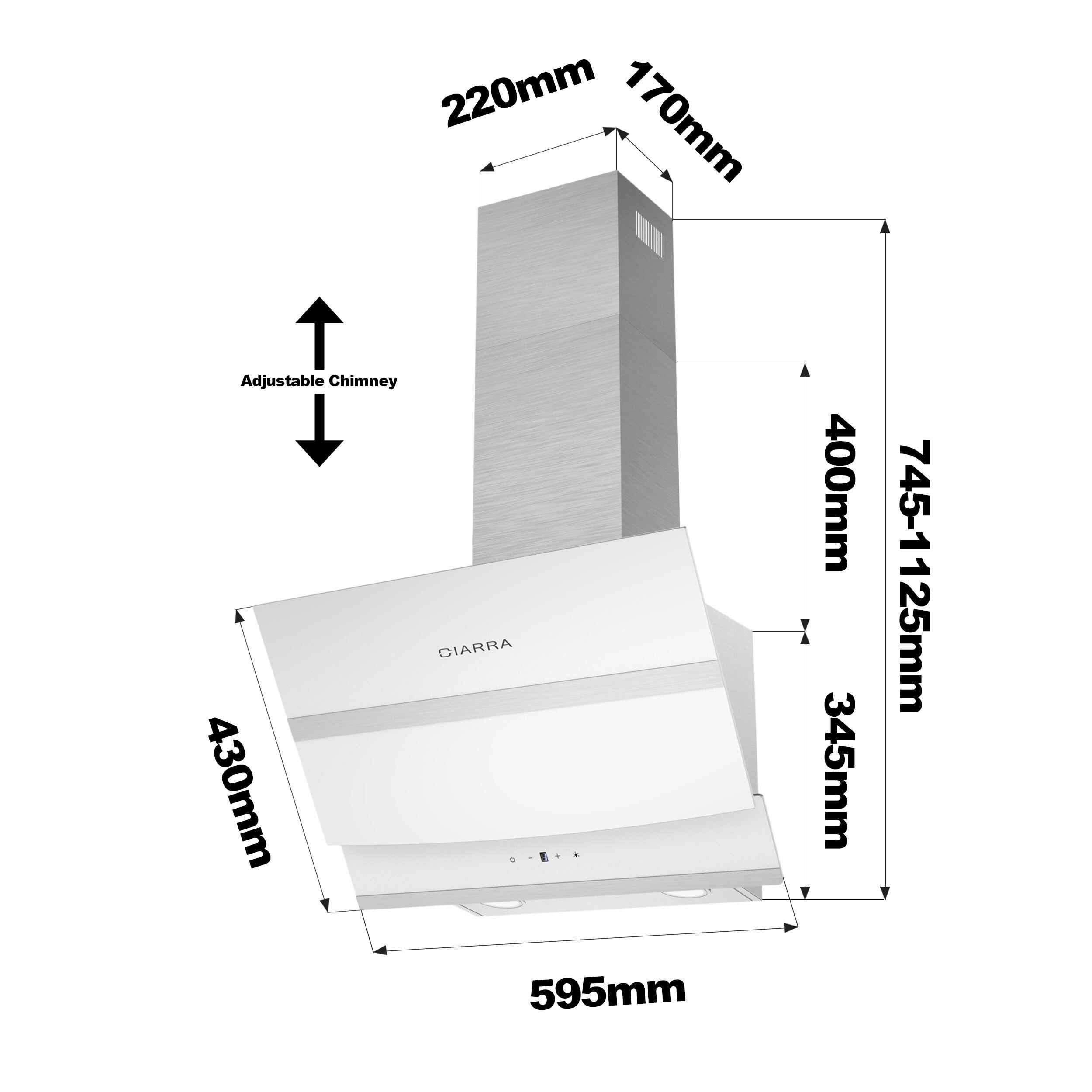 CIARRA Hotte Inclinée Tactile 60CM 750m³/h Filtres 3 Vitesses Verre Noir  A++