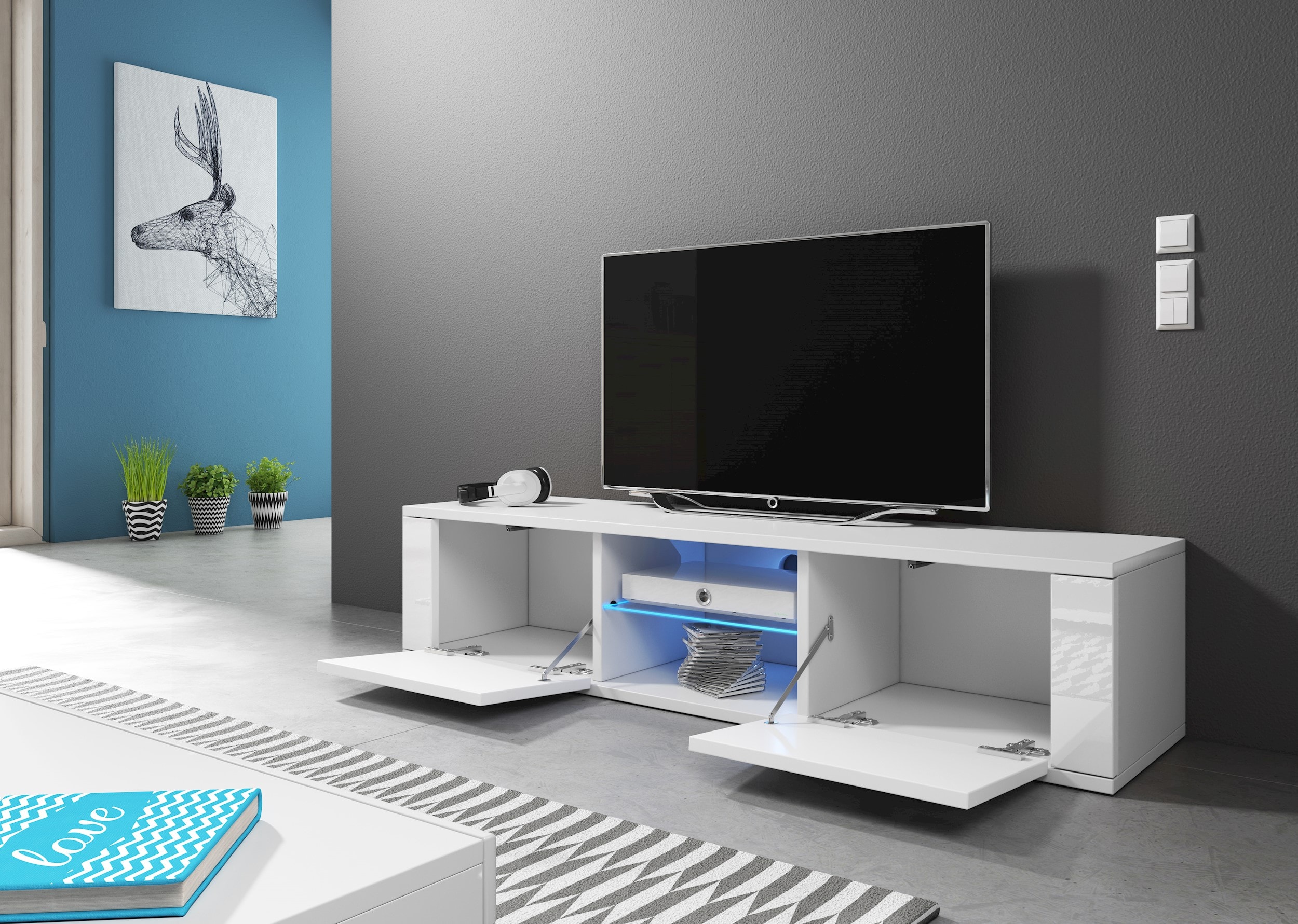 Meuble TV Design FLY blanc mat avec gris brillant. Eclairage à la LED bleue  VIVALDI Pas Cher 
