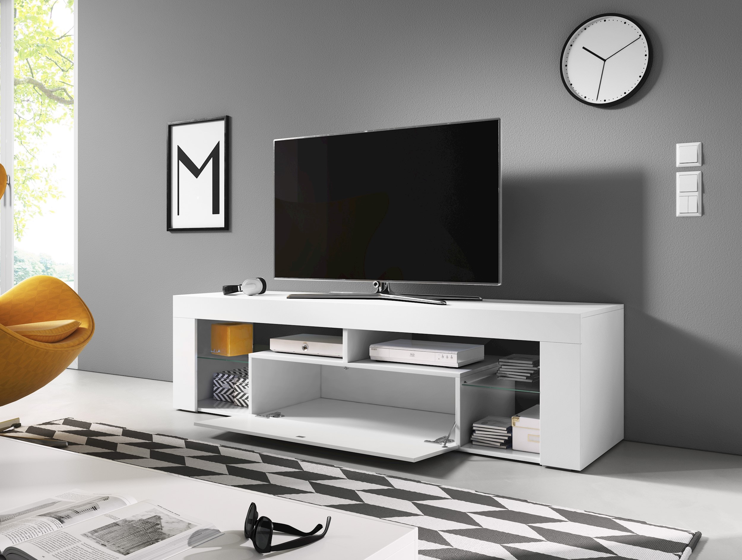 Meuble TV Design FLY blanc mat avec gris brillant. Eclairage à la LED bleue  VIVALDI Pas Cher 
