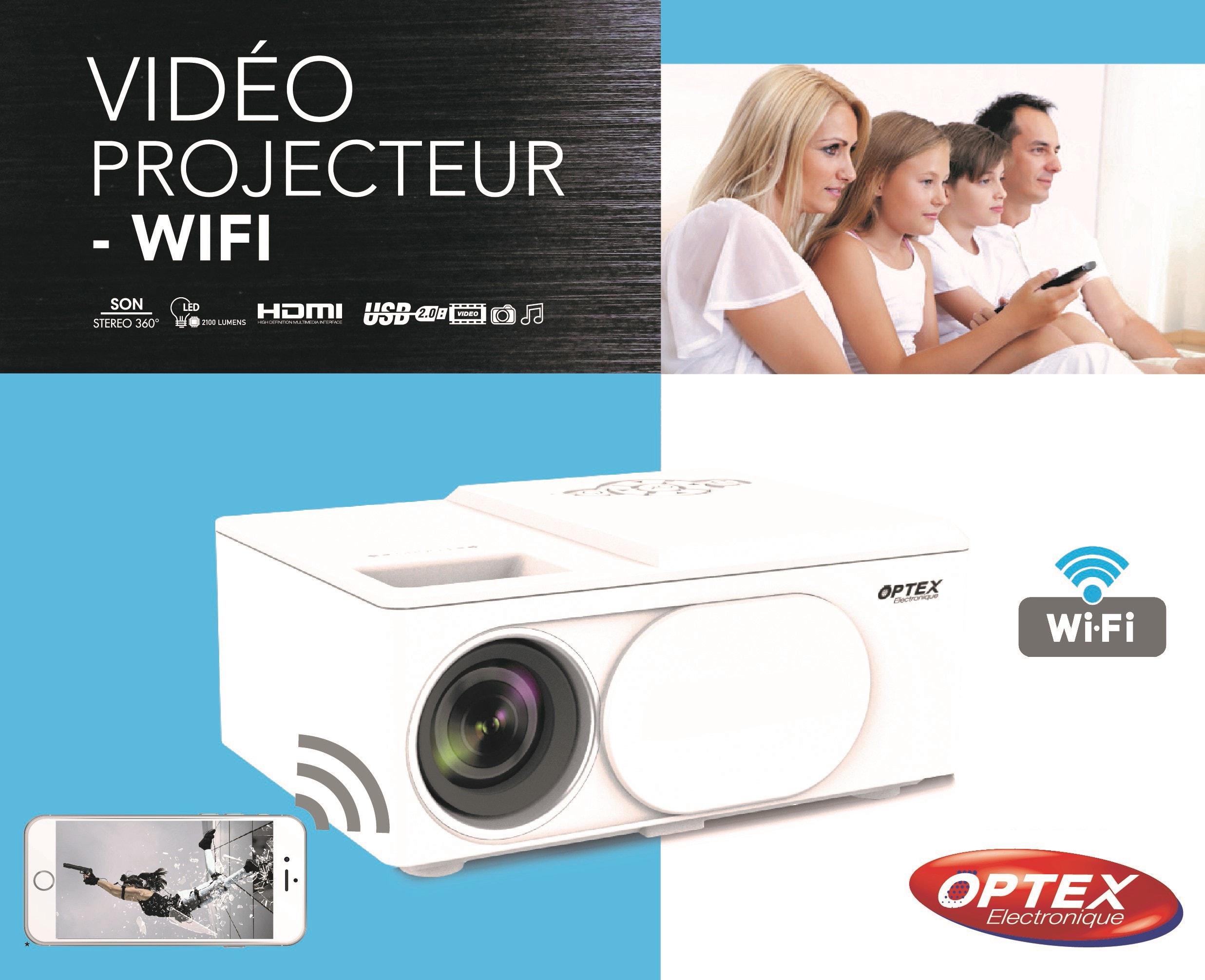 OPTEX  Vidéo projecteur hd wifi portable compact à led optex -  vidéoprojecteur 1080p, son stéréo 360°, distance de projection 0.6 à 5 m,  support multimédia - Livraison Gratuite
