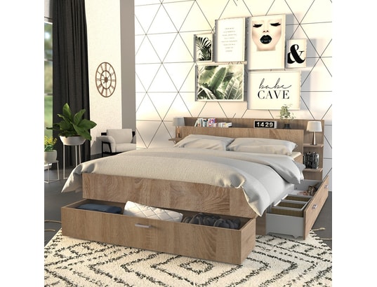 Weber Industries Lit TWIST 140x190+ 1 Chevet + 1 Tiroir / Décor Chêne Blanchi Bl