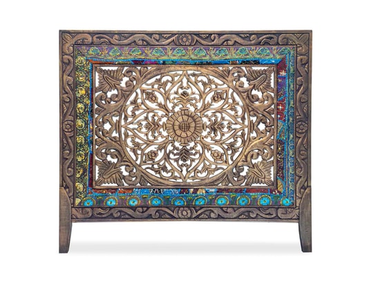 Tête de lit bois sculpté lutetia 160cm marron patiné or et tissu indien