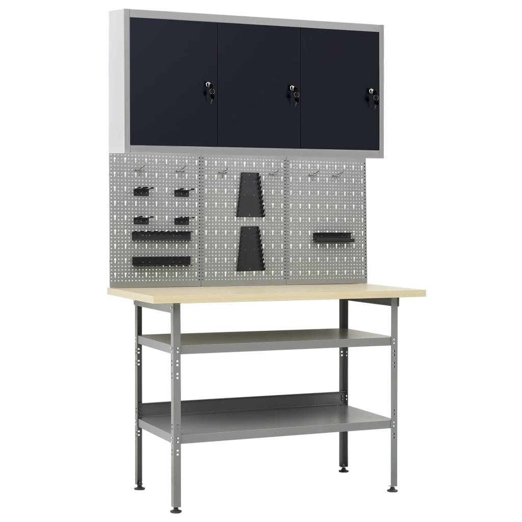 Etabli 120 cm avec 3 panneaux muraux et 1 armoire garage table de travail  gris noir 02_0003662 HELLOSHOP26