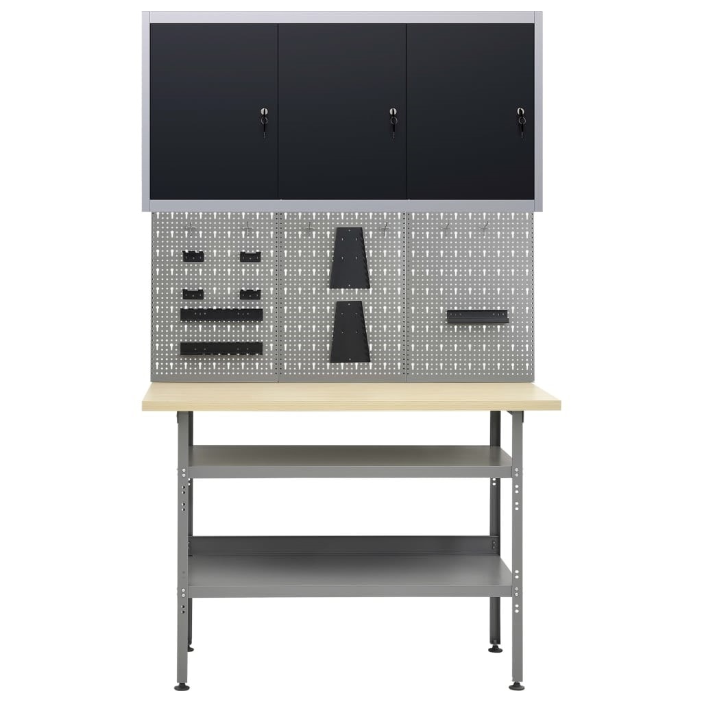 Etabli 120 cm avec 3 panneaux muraux et 1 armoire garage table de travail  gris noir 02_0003662 HELLOSHOP26