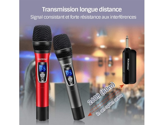 Paire microphone karaoké sans fil uhf double canal portatif cardioïde  faible distorsion, récepteur rechargeable portée 80m 1800mah OPTEX Pas Cher  