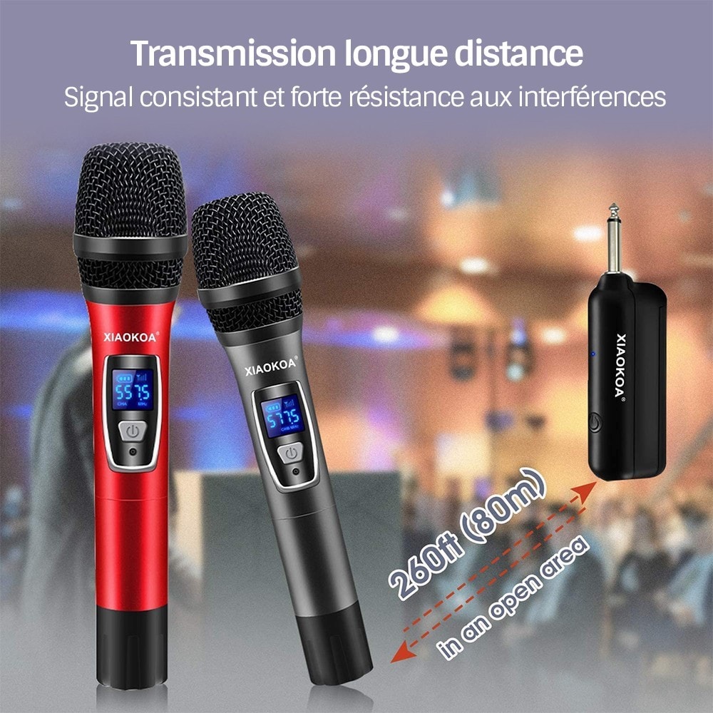 OPTEX - Paire microphone karaoké sans fil uhf double canal portatif  cardioïde faible distorsion, récepteur rechargeable portée 80m 1800mah
