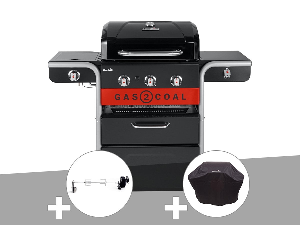 Barbecue à gaz et à charbon gas2coal charbroil 2.0 3b + tournebroche + housse de protection