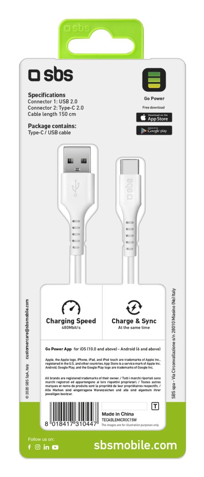 Câble USB SBS Câble de données USB 2.0 - Micro-USB blanc Pas Cher 