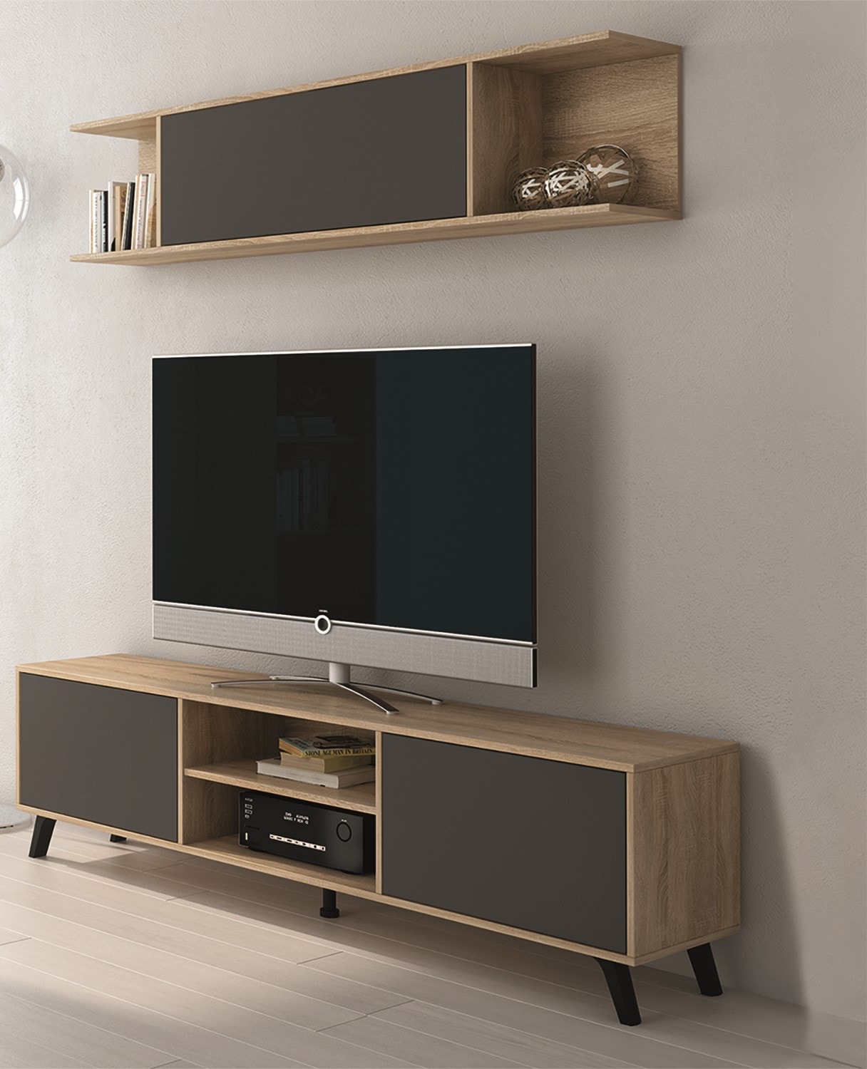 Meuble TV murale avec étagères Jared 180cm Bois et Anthracite