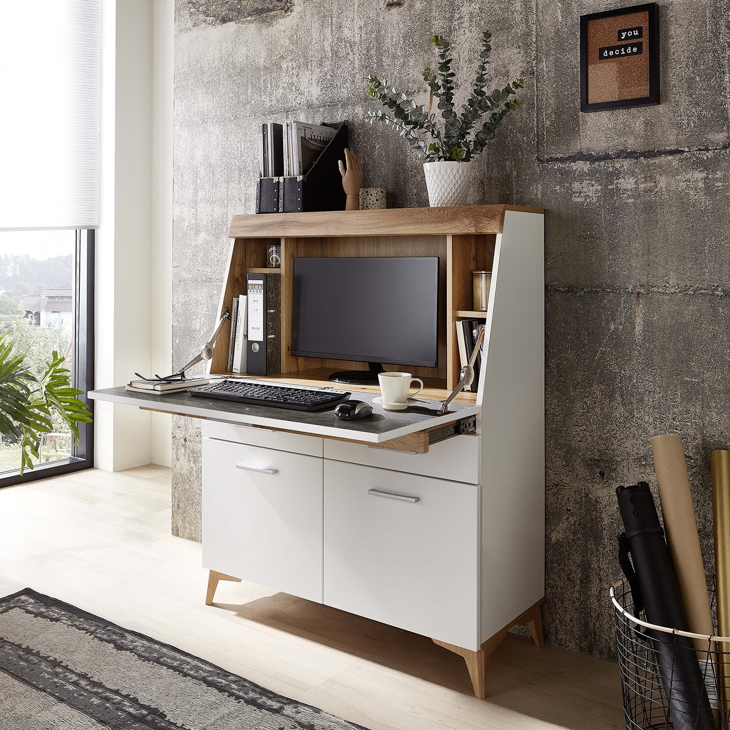 Pegane - Table de bureau en MDF coloris Blanc, chêne - Longueur 98