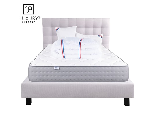 Ensemble matelas et sommier Luxury Literie Ensemble Matelas 140x190 cm,  Zen, 20 cm, ferme, face été/hiver + sommier gris ep20cm + oreiller +  couette + Tête de Lit