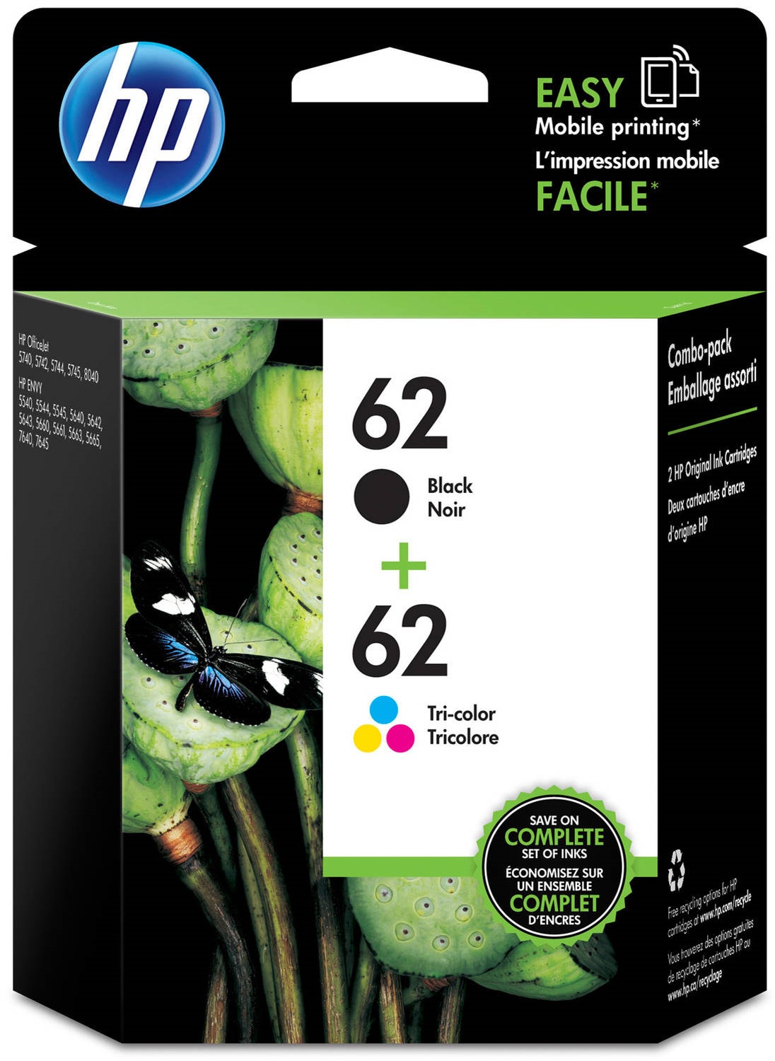 Pack HP 62 noire + hp 62 3 couleurs pour imprimante jet d'encre sur
