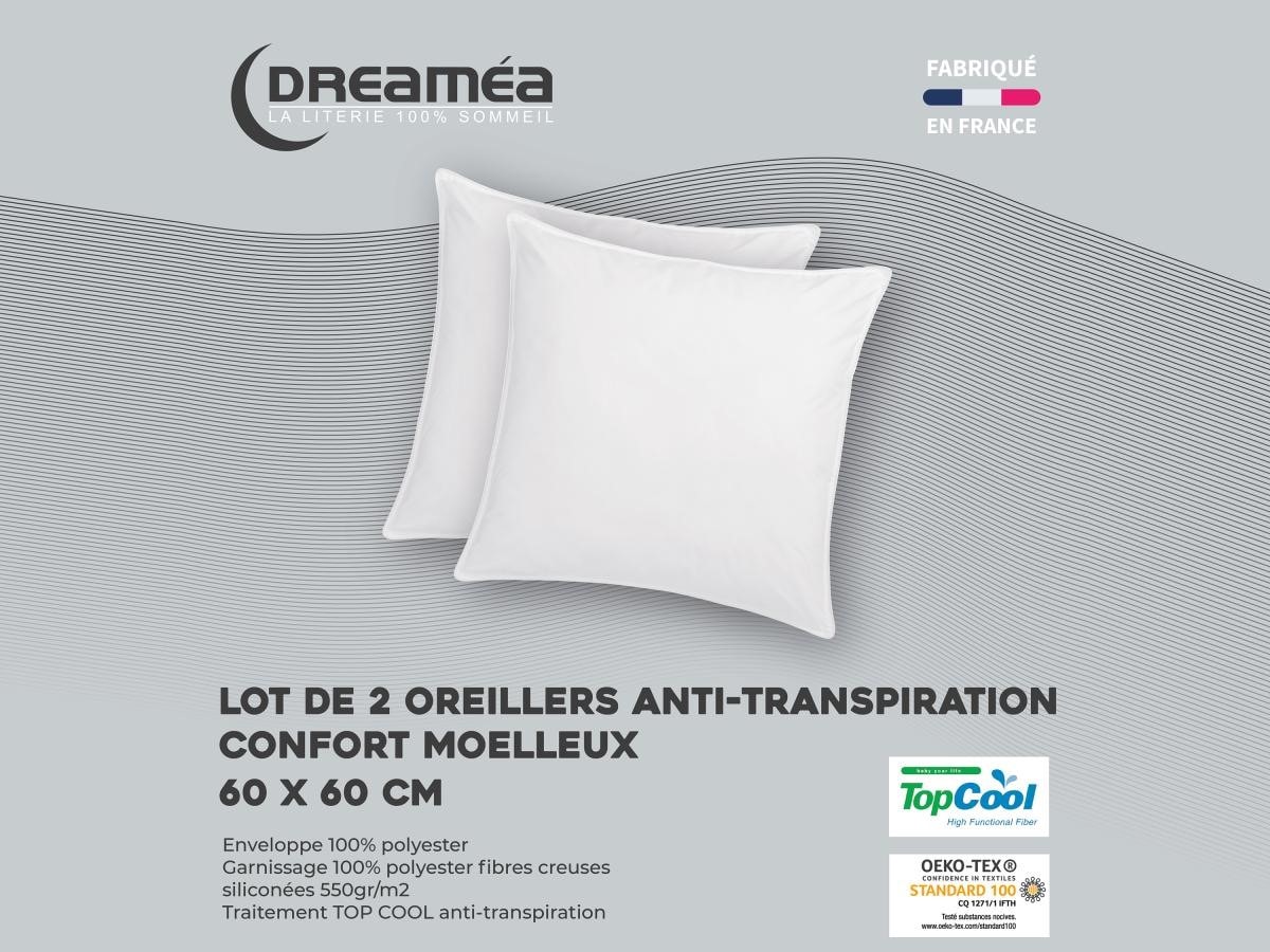 Literie : Lot de 2 oreillers anti-transpiration 60X60 cm à prix imbattable